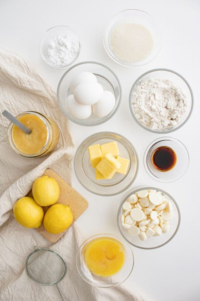 ingredients for a lemon lava cake on white table