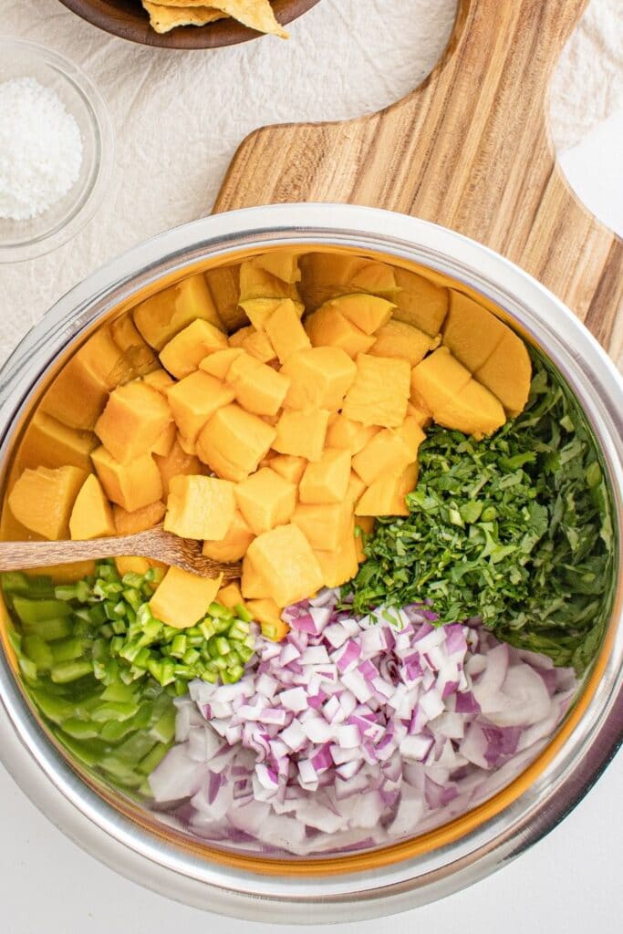 ingredients for mango salsa in a metal bowl