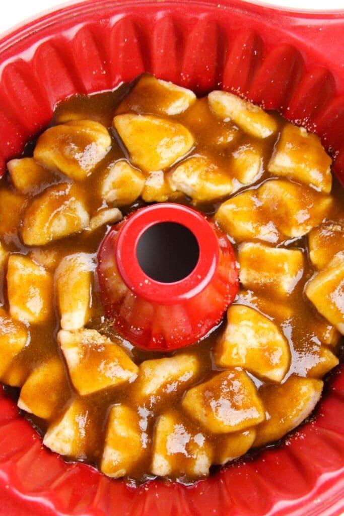 pillsbury monkey bread raw in red bundt pan 