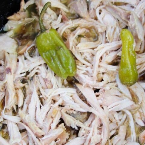 Overhead shot of shredded chicken and peppers in crockpot