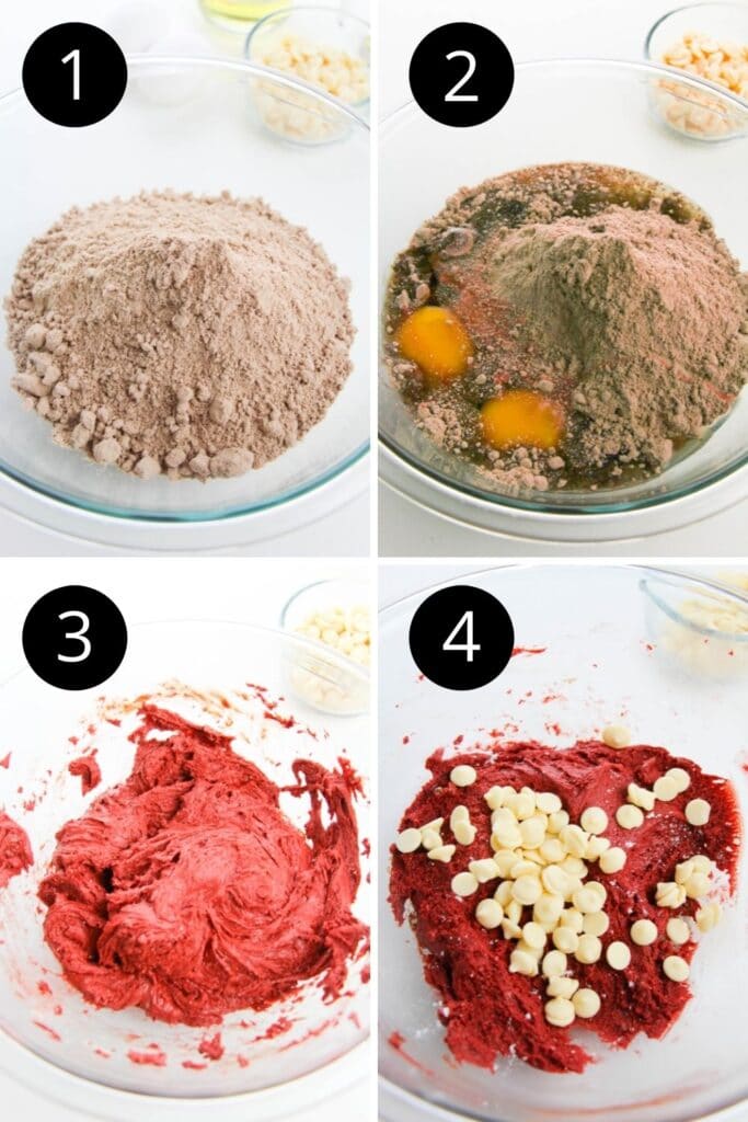 collage of pictures of how to make red velvet cookies with cake mix 