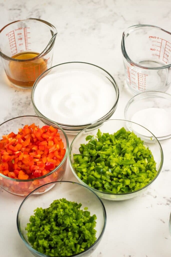 pepper jelly ingredients on marble counter 