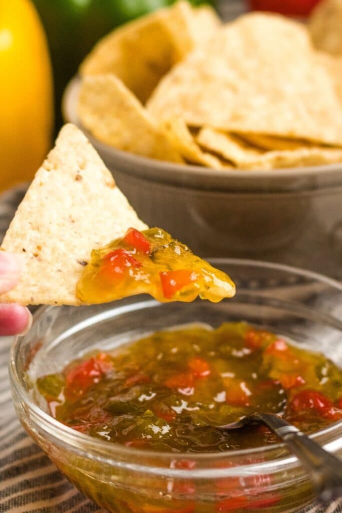 pepper jelly on a tortilla chip