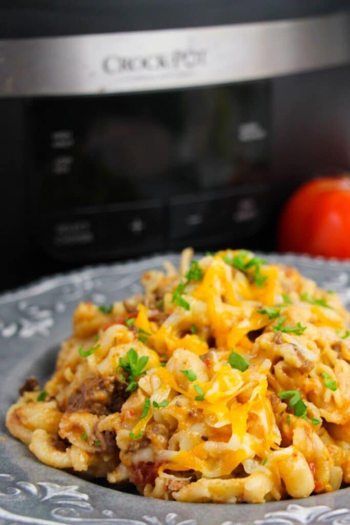 hamburger helper on a plate with crock pot behind it 