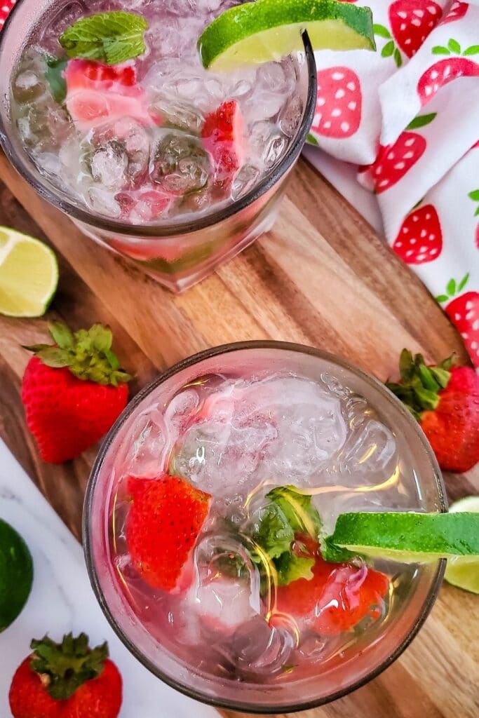 overhead shot of a mint strawberry mojito glass 