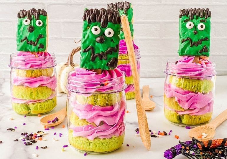 frankenstein cupcake dessert in jars