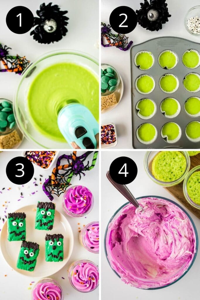 steps on how to make halloween cupcakes in a collage 