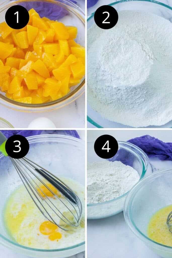 picture collage on how to make muffins with peaches 