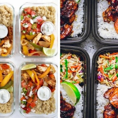collage of food in meal prep containers