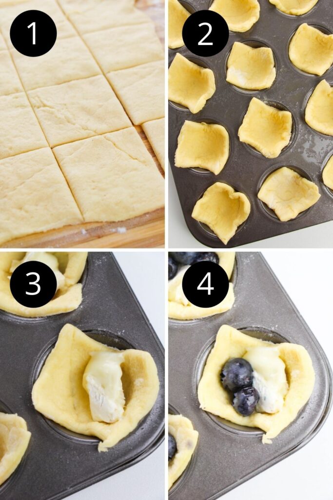 collage of how to assemble crescent roll brie bites in muffin tin 