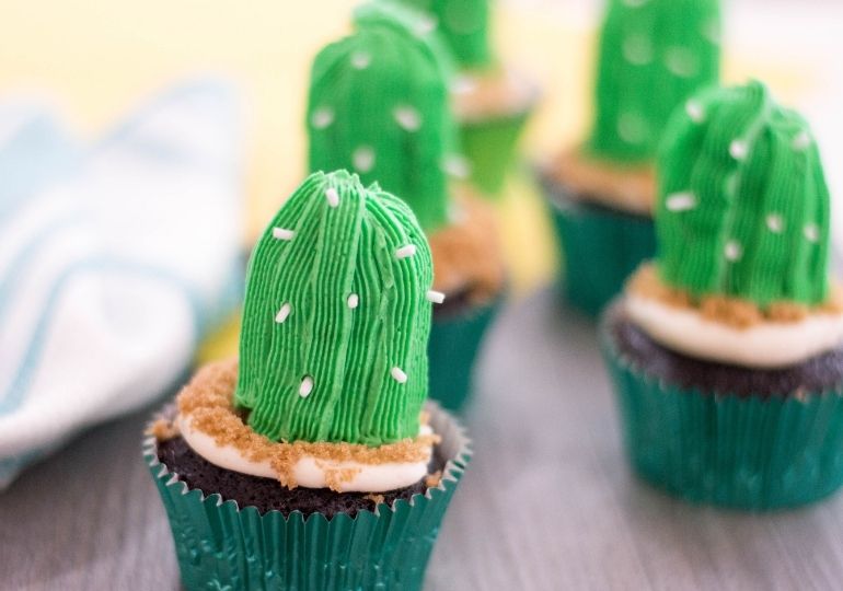 cactus cupcakes on a counter