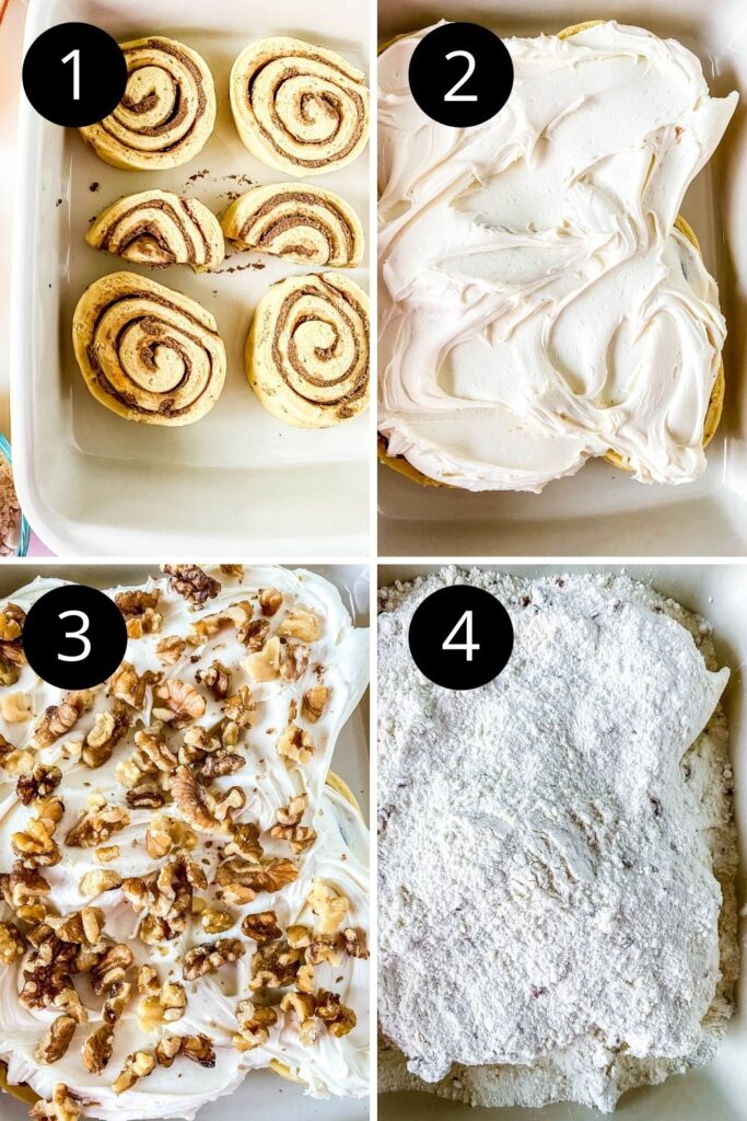 collage of how to make the cinnamon roll dump cake 