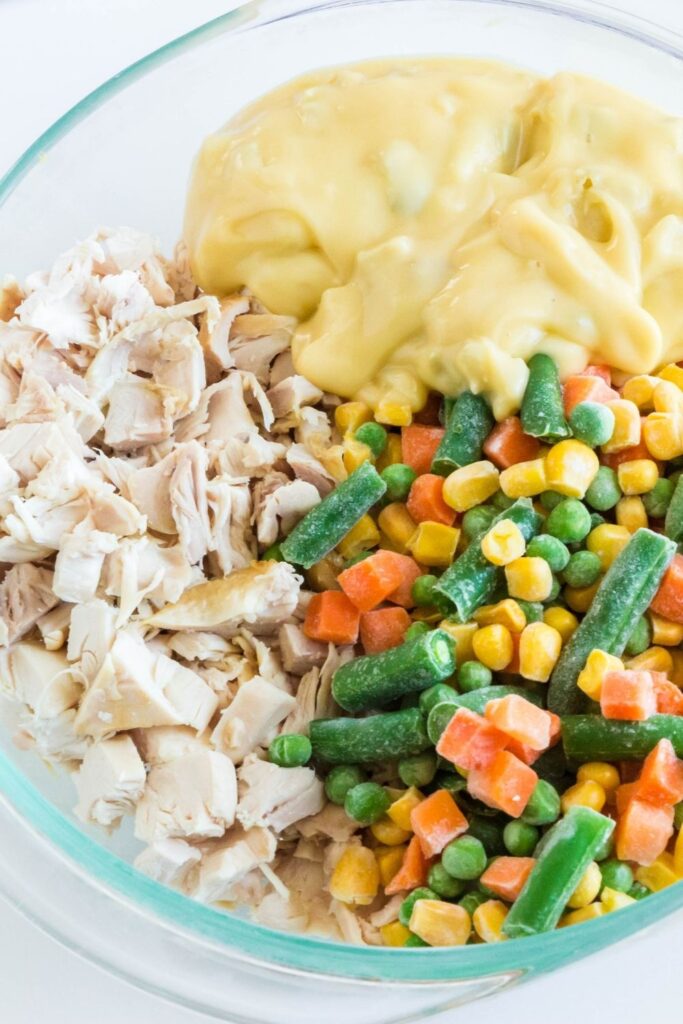 chicken, veggies, and cream soup in bowl 