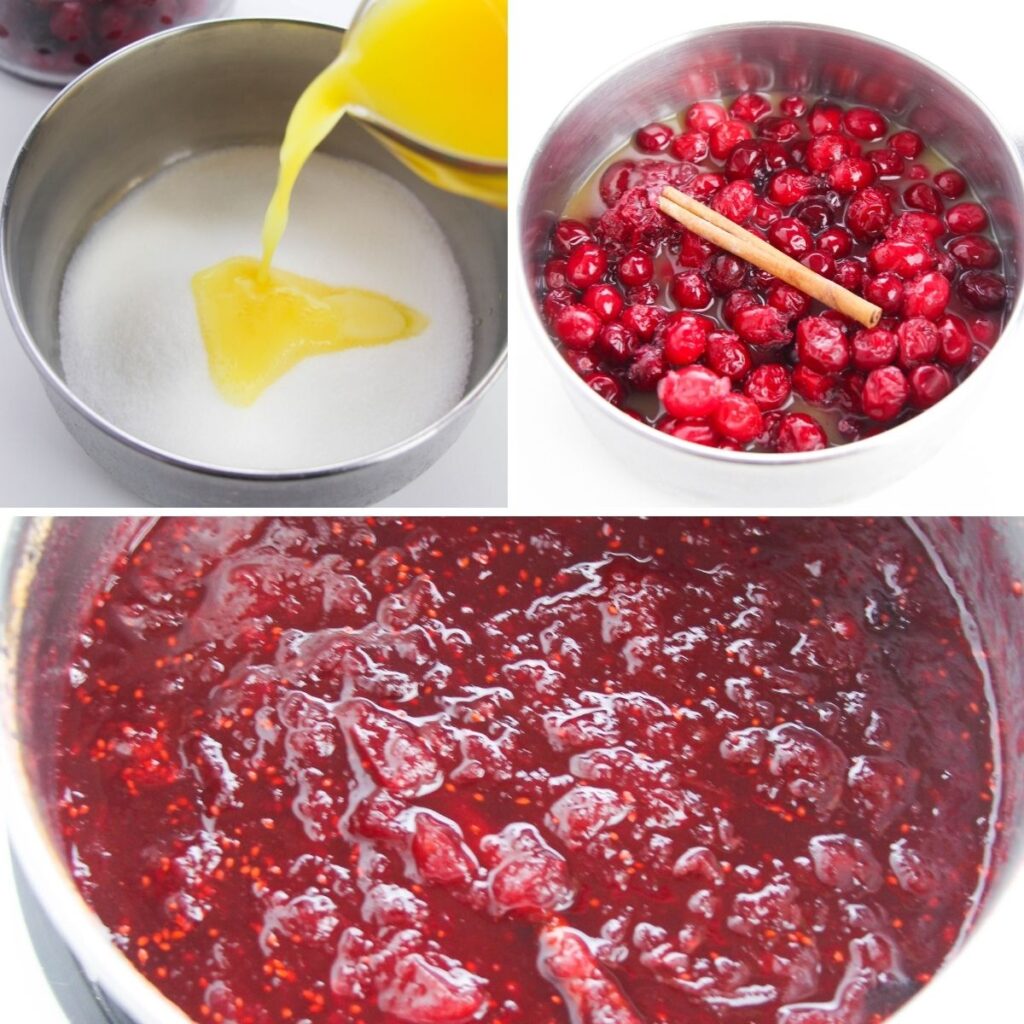 collage of steps on how to make cranberry sauce 