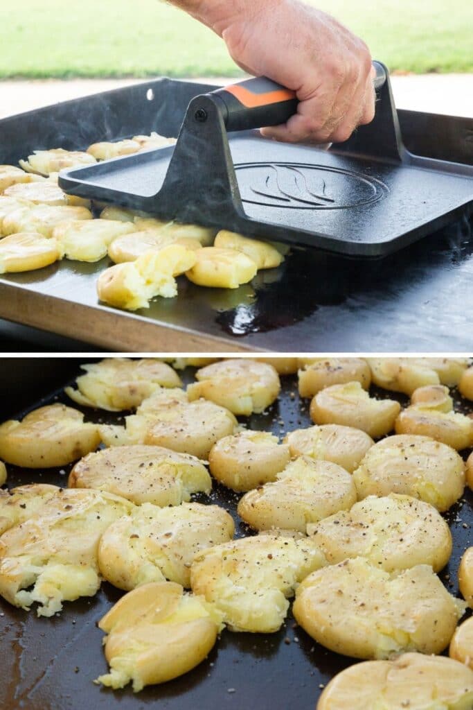 smashed potatoes on grill collage