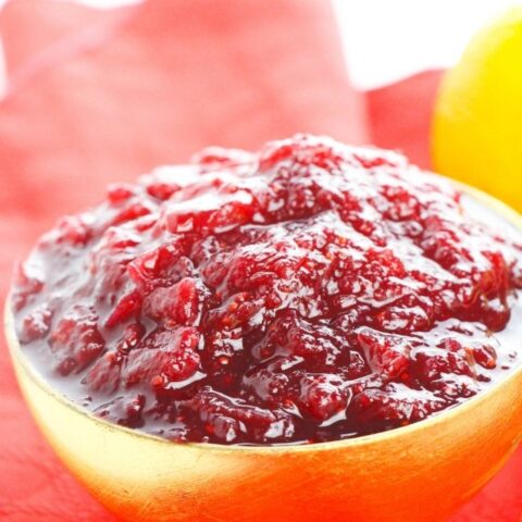 cranberry sauce in a gold bowl