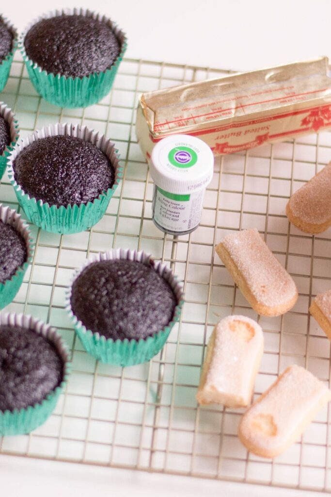 ingredients for cactus cupcakes on baking rack