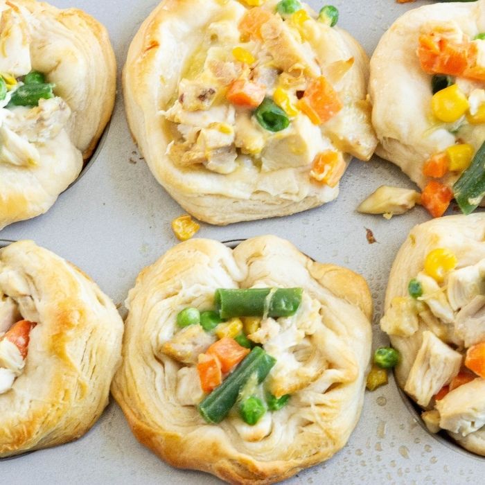 overhead shot of pot pies in muffin tin