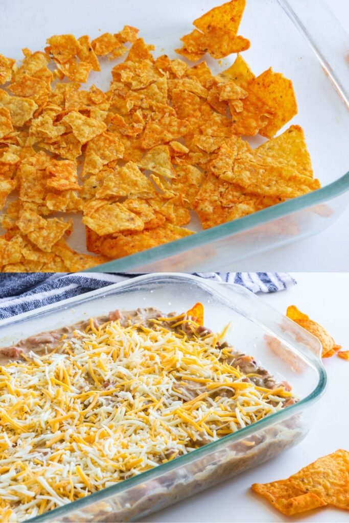 Dorito taco bake collage of how to make 