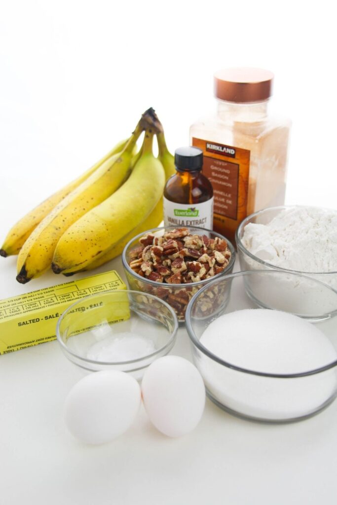 banana bread ingredients on a counter 