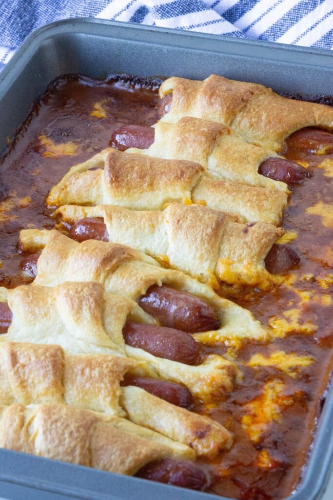 chili bake side shot of cooked pigs in blanket with chili 