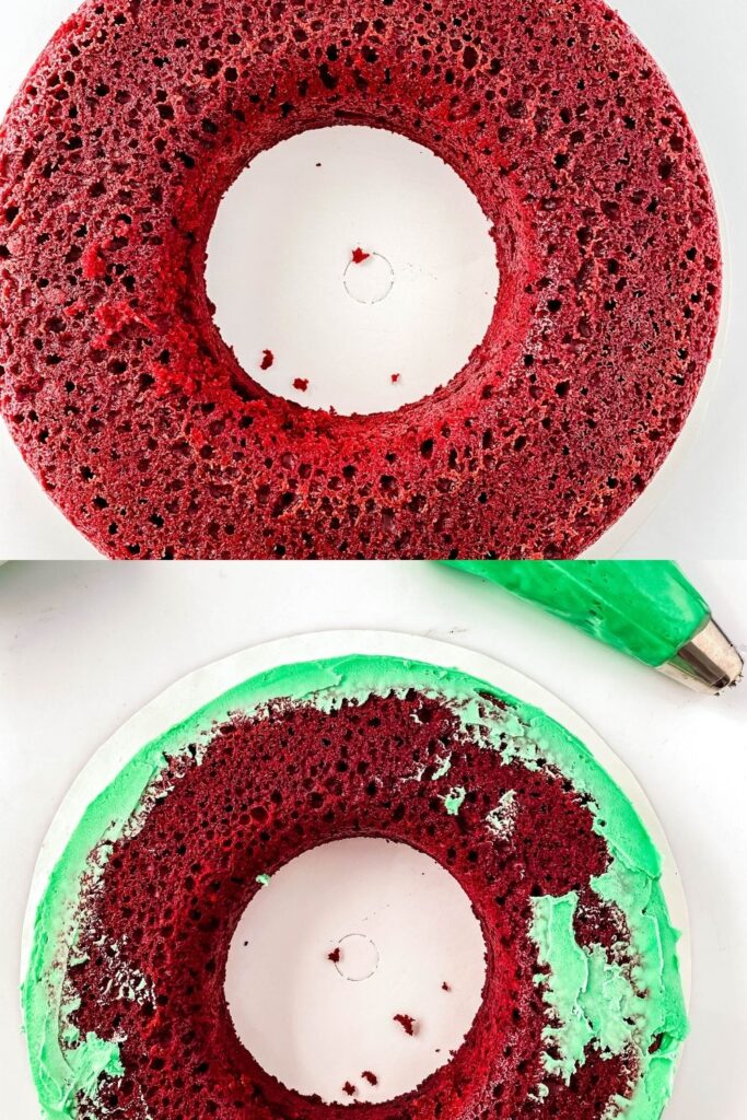 round donut cake with some frosting on it in bottom image 