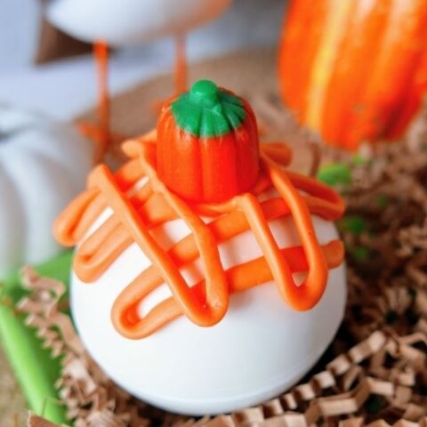 view from side of pumpkin hot chocolate bomb