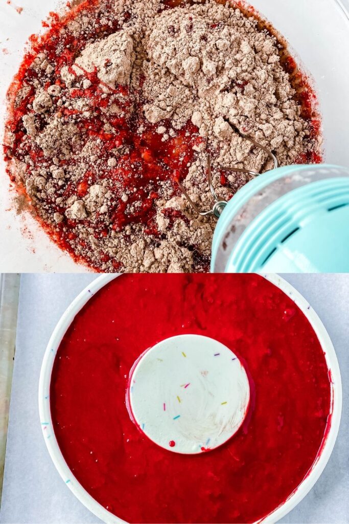 collage of mixing up red velvet cake 