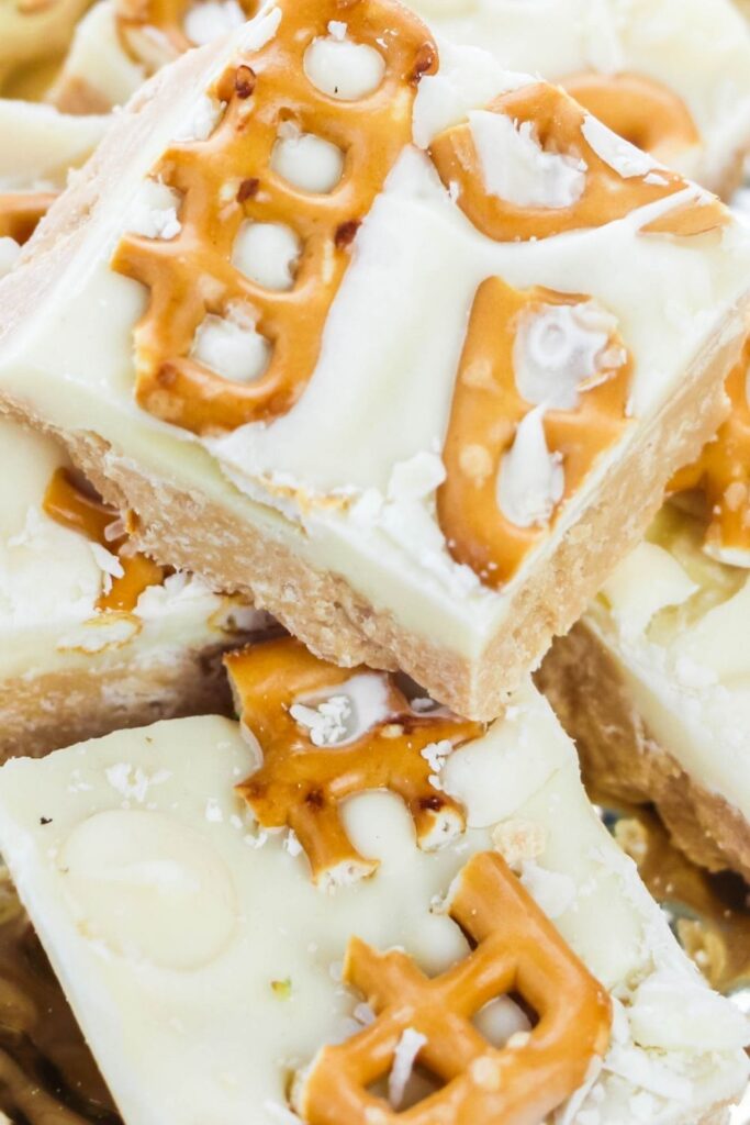 sweetened condensed fudge with pretzels on top 