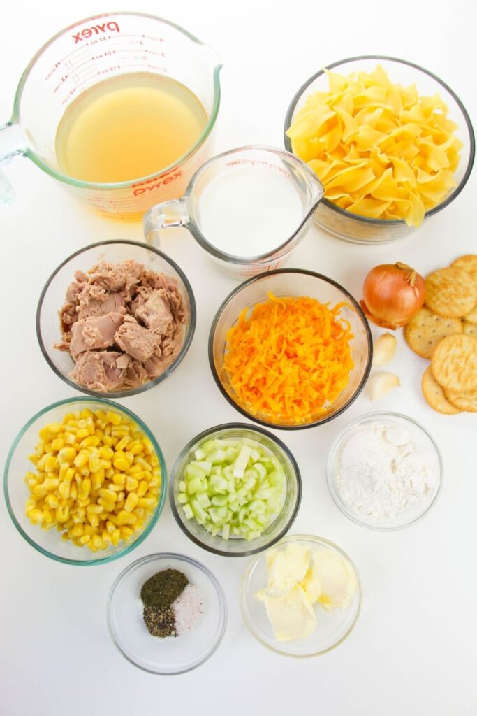 ingredients for a tuna casserole on white counter