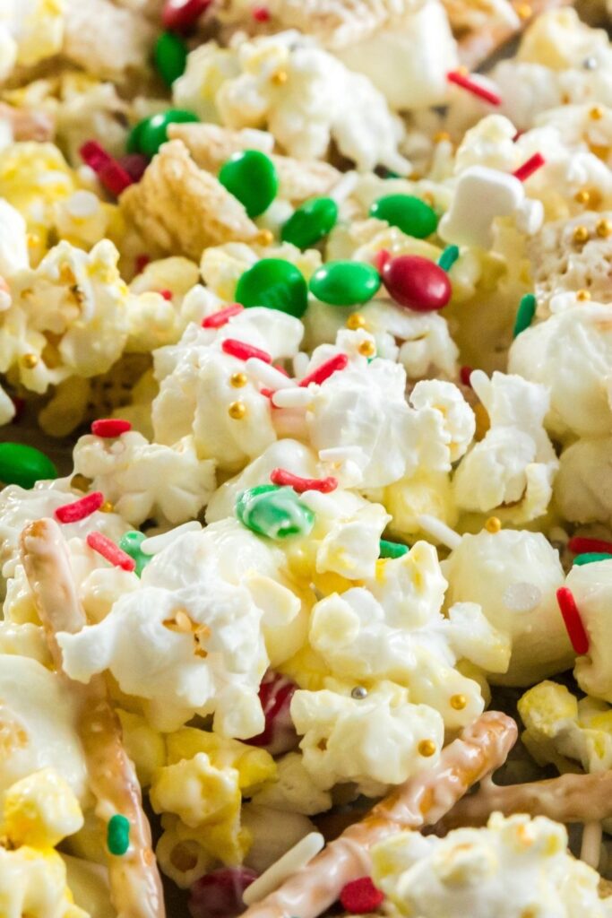 close up of popcorn snack mix with sprinkles 