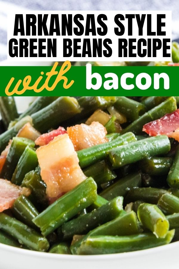 close up of green beans and bacon in dish