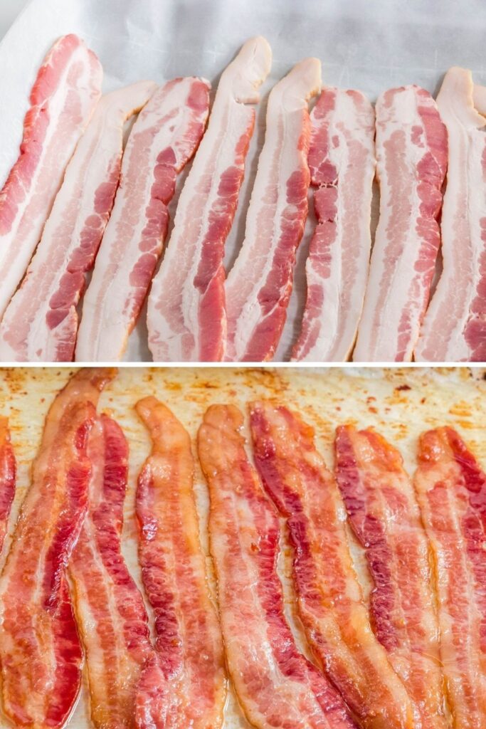 collage of raw and cooked bacon