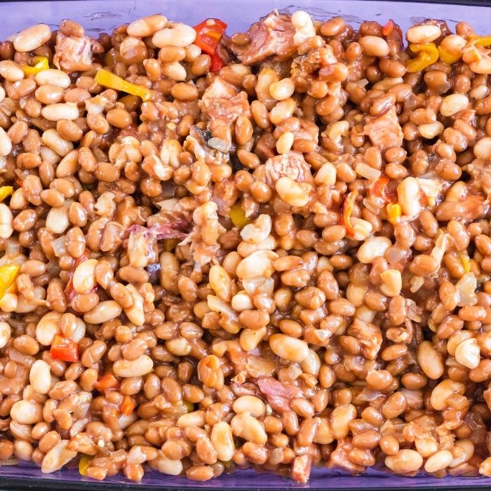 baked beans with ham in pan on counter 