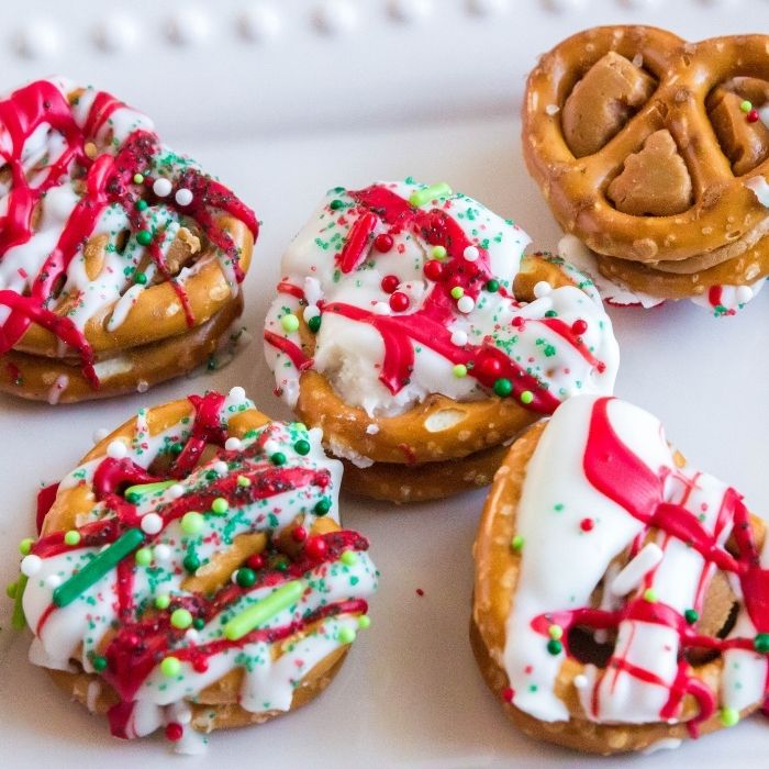 caramel stuffed pretzels on dessert tray