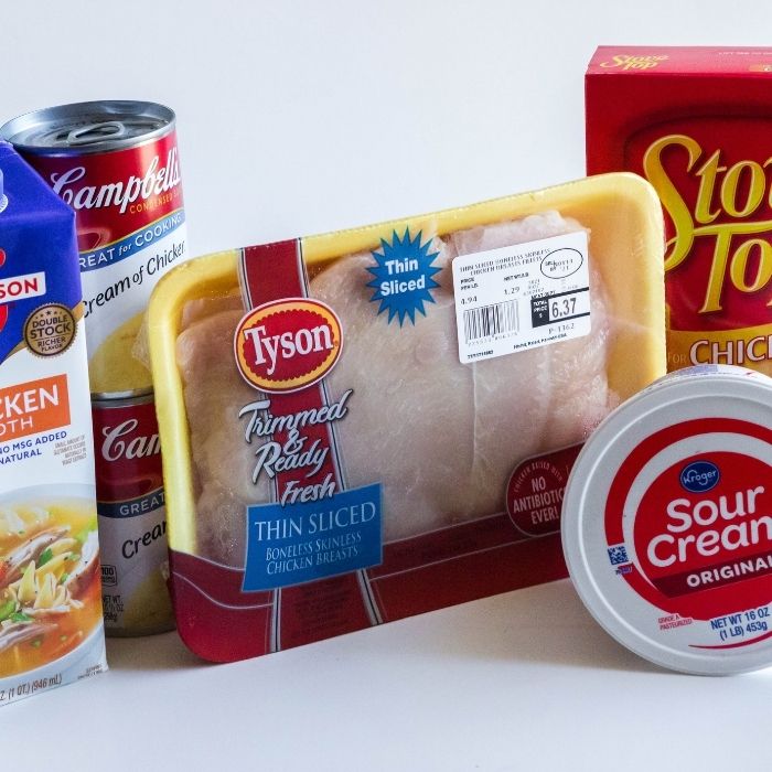 ingredients for stuffing and chicken casserole on white counter 