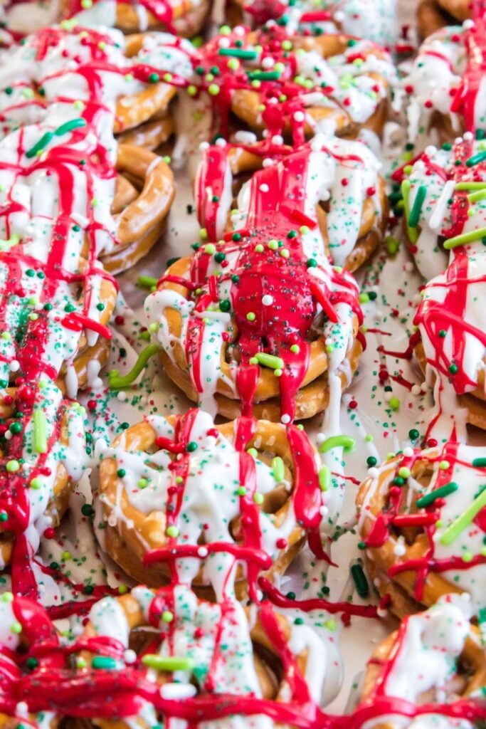 chocolate pretzels on tray