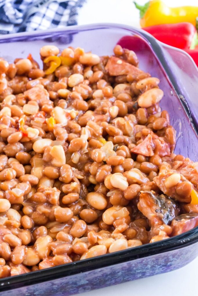 beans and ham in a casserole pan 