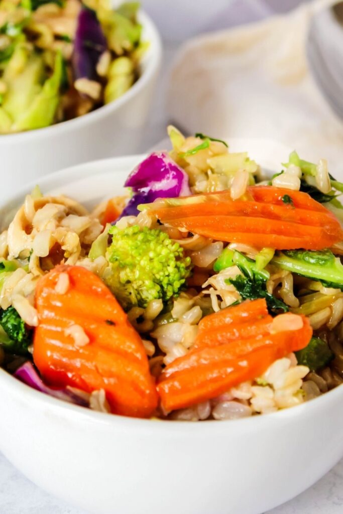 Chinese Casserole in a white bowl on counter 