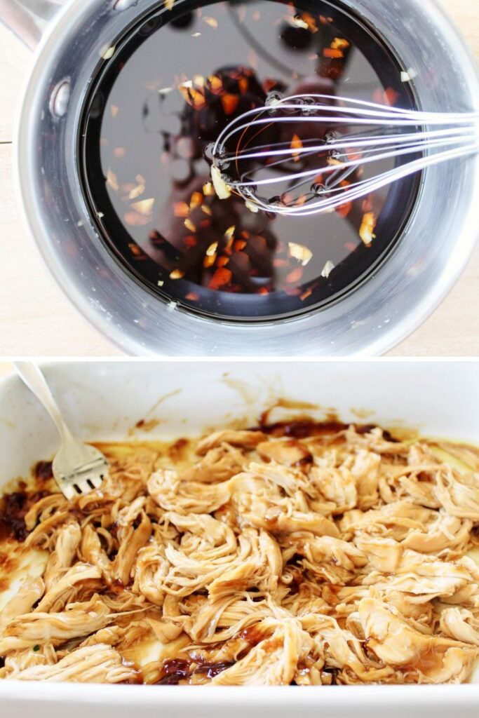 collage of teriyaki sauce and then shredded chicken in pan 