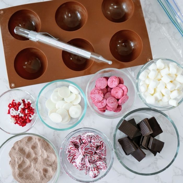 hot chocolate ingredients on marble counter