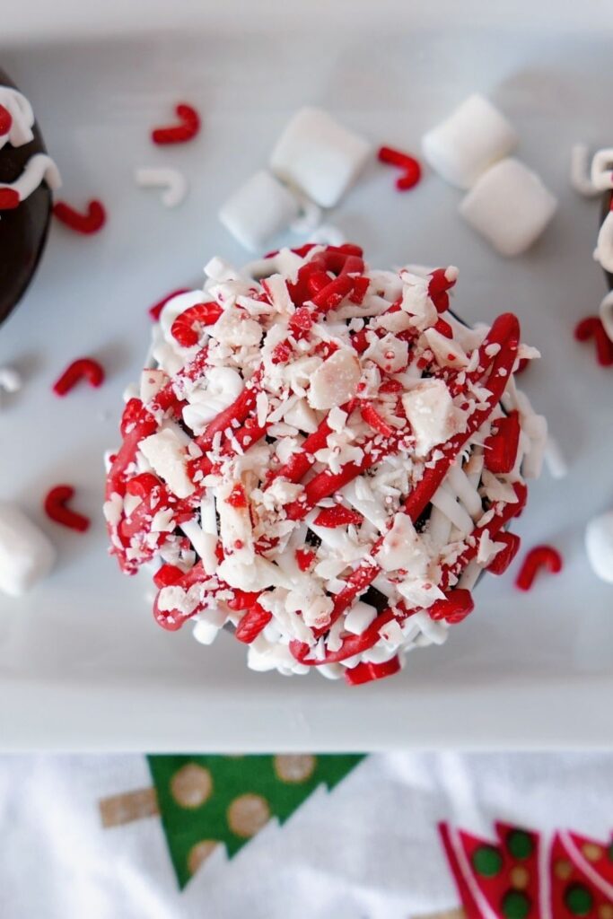 overhead shot of peppermint hot cocoa bomb