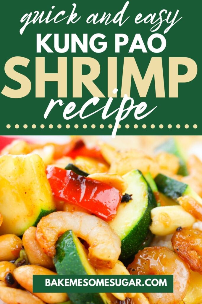 close up of kung pao shrimp with words above it