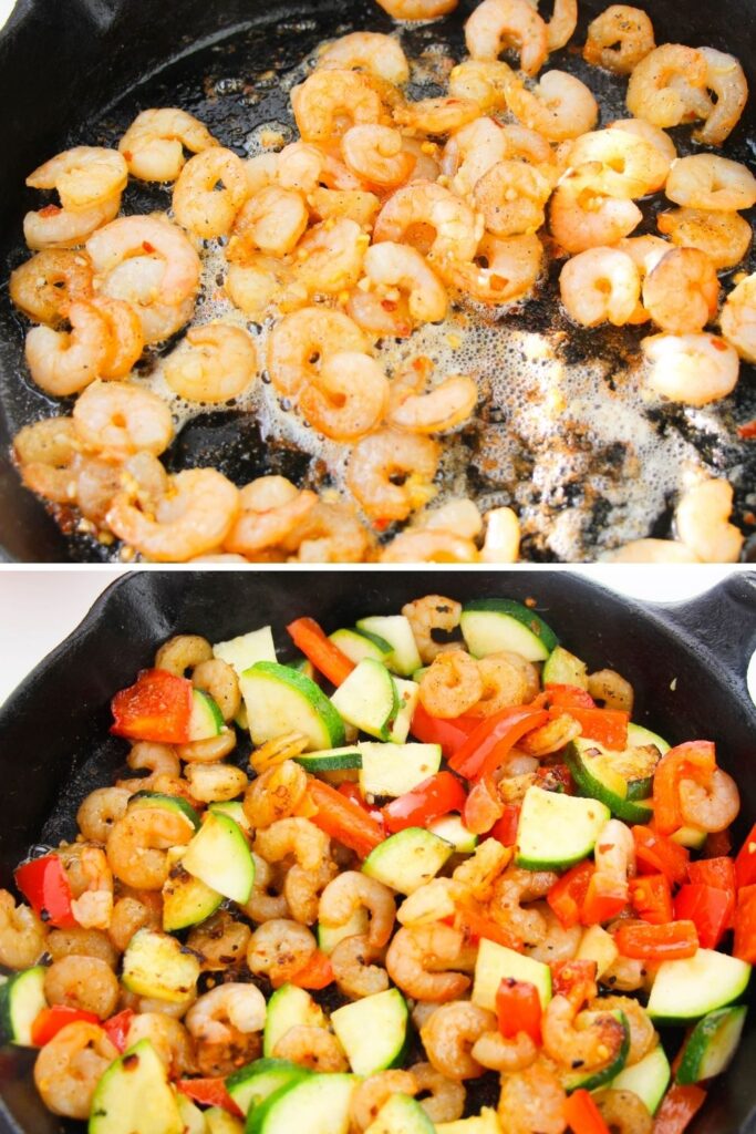 collage of shrimp in pan