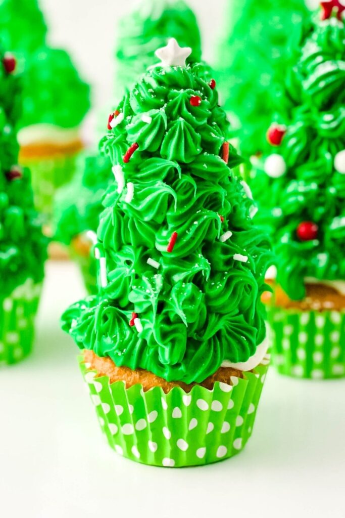 tree shaped cupcakes on table