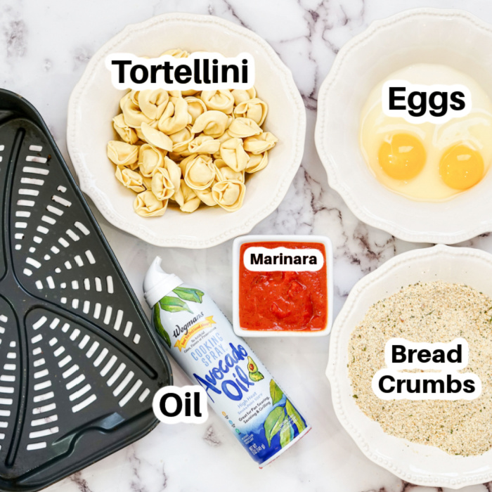 ingredients for fried tortellini in air fryer on counter 