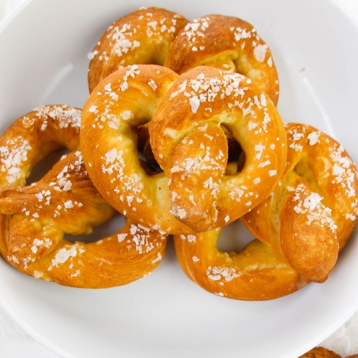 pretzels on a white plate 