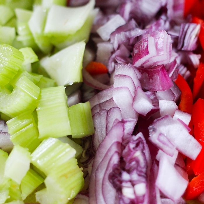 vegetables chopped in a row