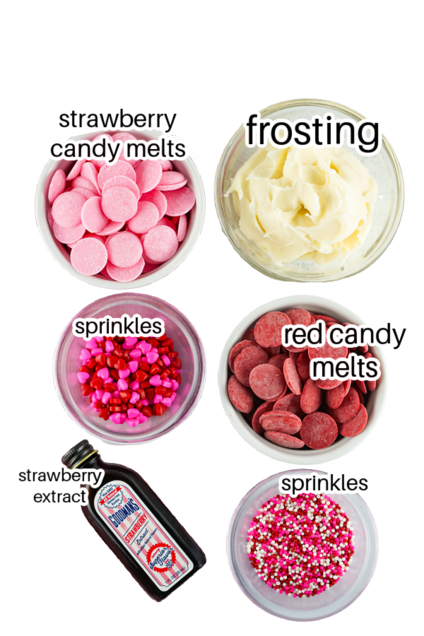 ingredients for strawberry frosting in bowls 