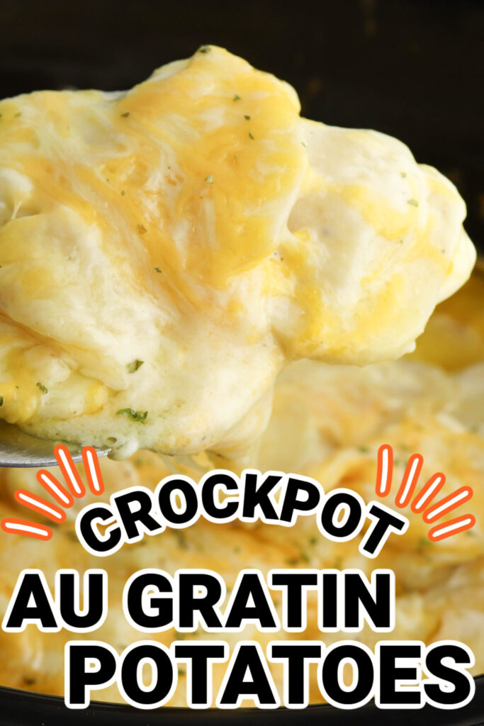 Crockpot Au Gratin Potatoes are a simple side dish that is loaded with a cheesy sauce. This is a great weeknight side dish or holiday side dish recipe.  A delicious au gratin potato recipe to try soon. 